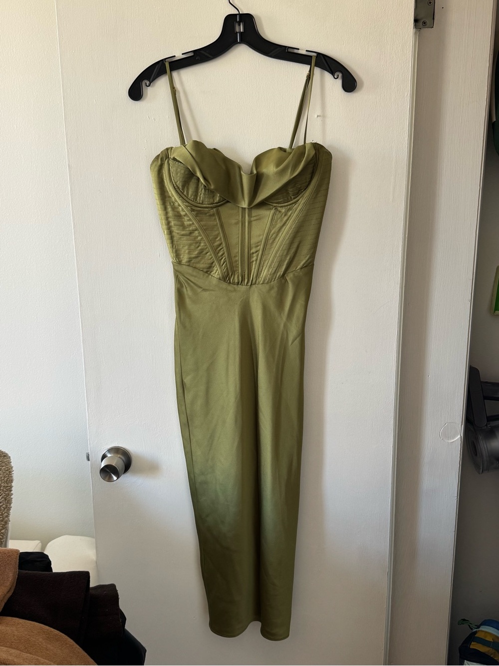 House of CB Olive Satin Bustier Midi Dress - Picture 2 of 7
